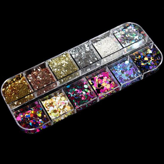 1 Box Round Glitter Nail Art Sequins 12 Grids Assorted Color Holographic Nail Charm Foils DIY Nail Design Crafts Manicure Decoration Accessories