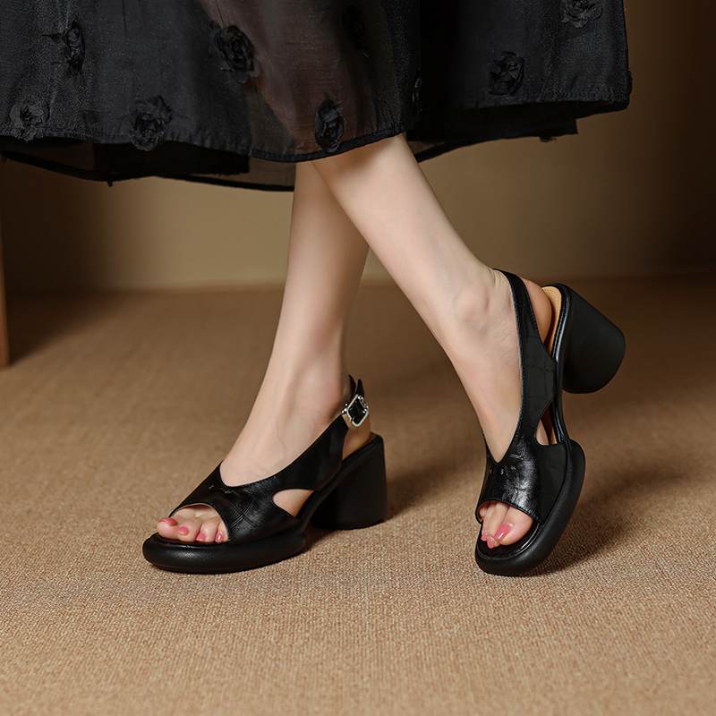 Krazing Pot Cow Skin Peep Toe Size 41 Round High Heels Summer Shoes Buckle Straps Beige Color Vintage Sandals