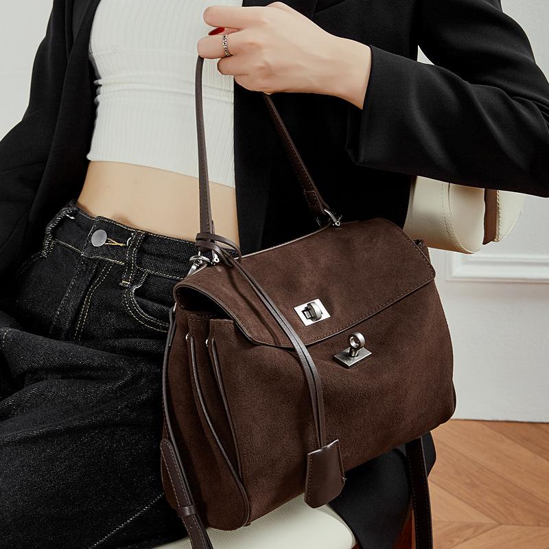 Light Luxury Imported Soft Suede Tote Bag Lazy Style Large Capacity Matte Leather Lock Kelly Bag Women's Crossbody Shoulder Bag