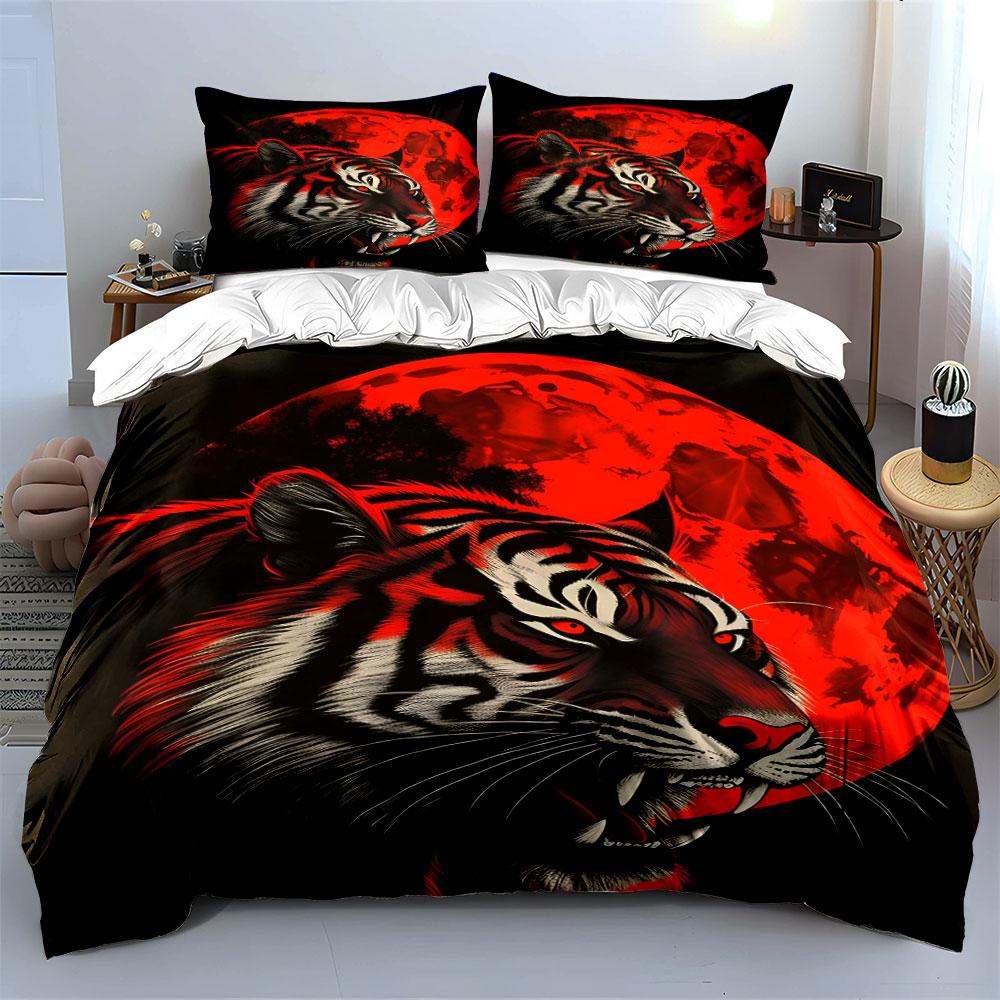 Fierce Tiger Red Moon Decor Soft Comfortable Duvet Cover Bedding Set Included 1*Duvet Cover & 2*Pillowcases, Gift