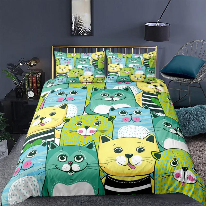 Kawaii Animal Duvet Cover Cute Cat Bedding Set For Girls Boys Kids, Pet Theme Cartoon Kitten Comforter Cover Lovely Cat Bed Set