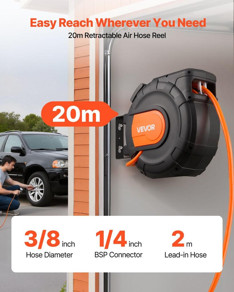 Einziehbarer Druckluftschlauchaufroller, 20 m x 9,5 mm PVC-Druckluftschlauch max. 300 PSI, Geschlossener Druckluftschlauchaufroller mit automatischer Rückspulung und 2 m Zuleitung, 180° schwenkbar