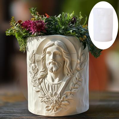 Vater Relief Vase Harz Silikonform Blumenkranz Jesus Statue Skulptur Relief Kreisförmiger Stifthalter Aufbewahrungsbox Gipsform