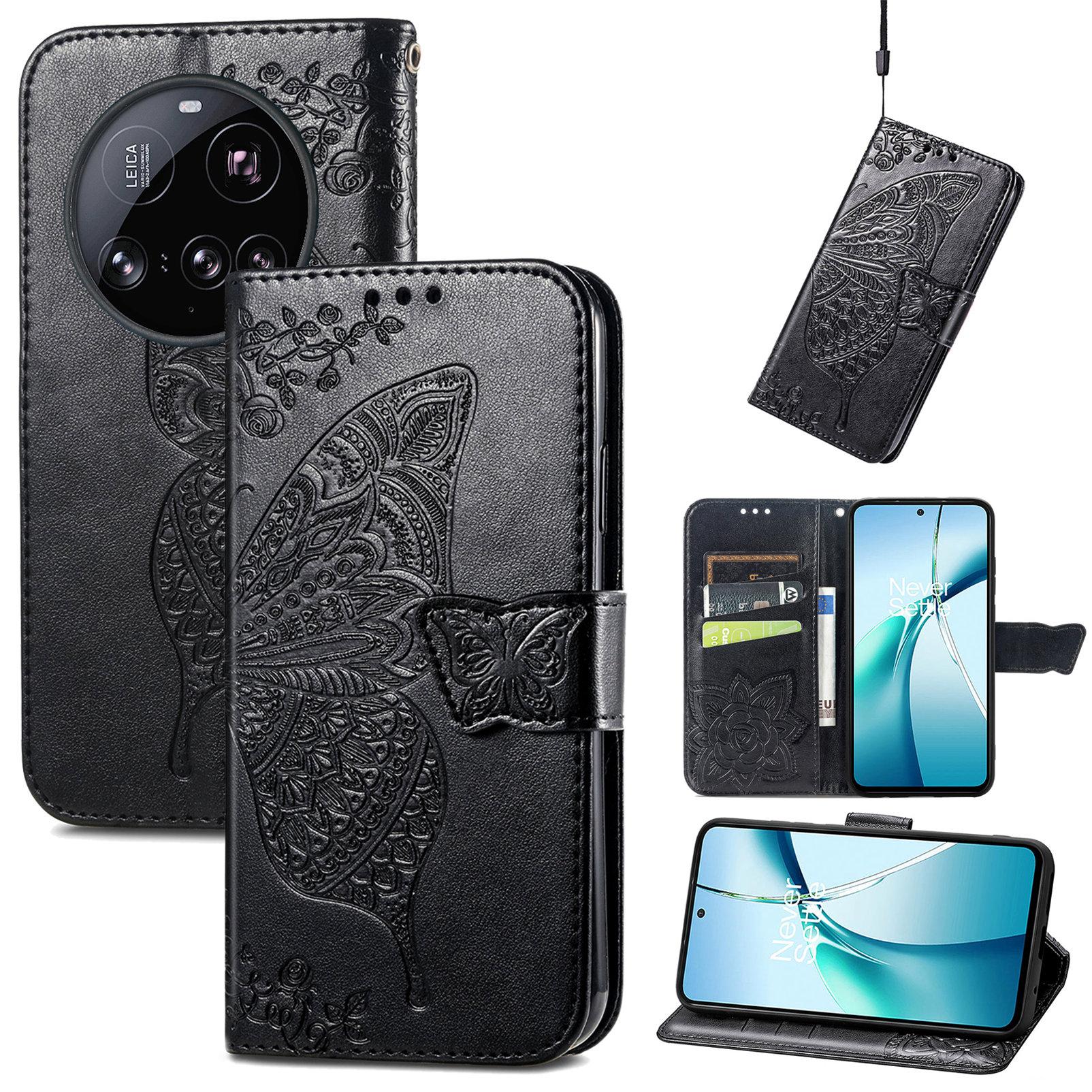 

For Xiaomi 15 Ultra Case with Strap Butterfly Pattern PU Leather Wallet Phone Cover Black