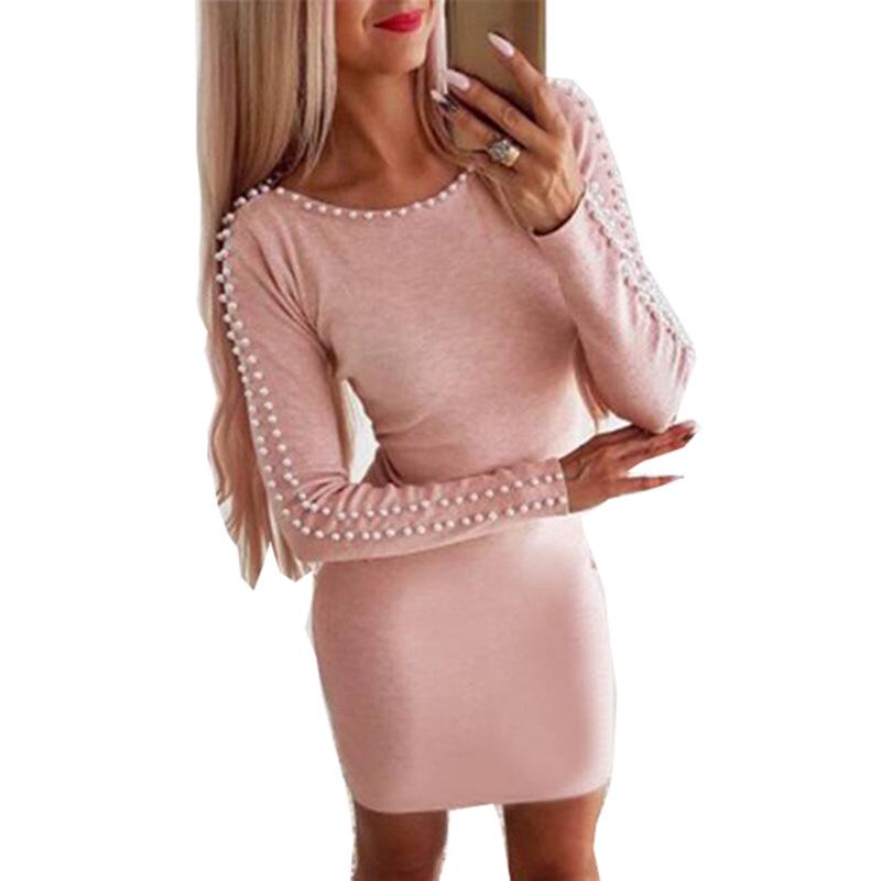 Jesień/Zima Europejska i Amerykańska Wyszczuplająca Sukienka A-line z Koralikami Bodycon - Długi Rękaw, Seksowny Krój
