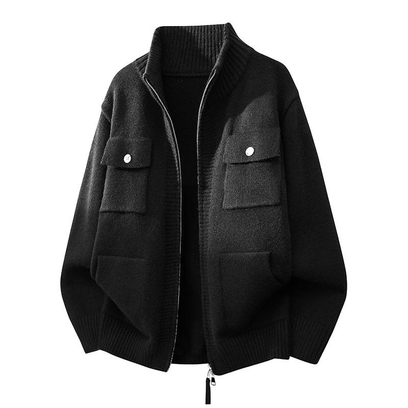 Svetr Pánský Podzimní a Zimní Korejský Styl Jednobarevný Rolák Kapsa na Zip Dlouhý rukáv Kardigan Svetr Top