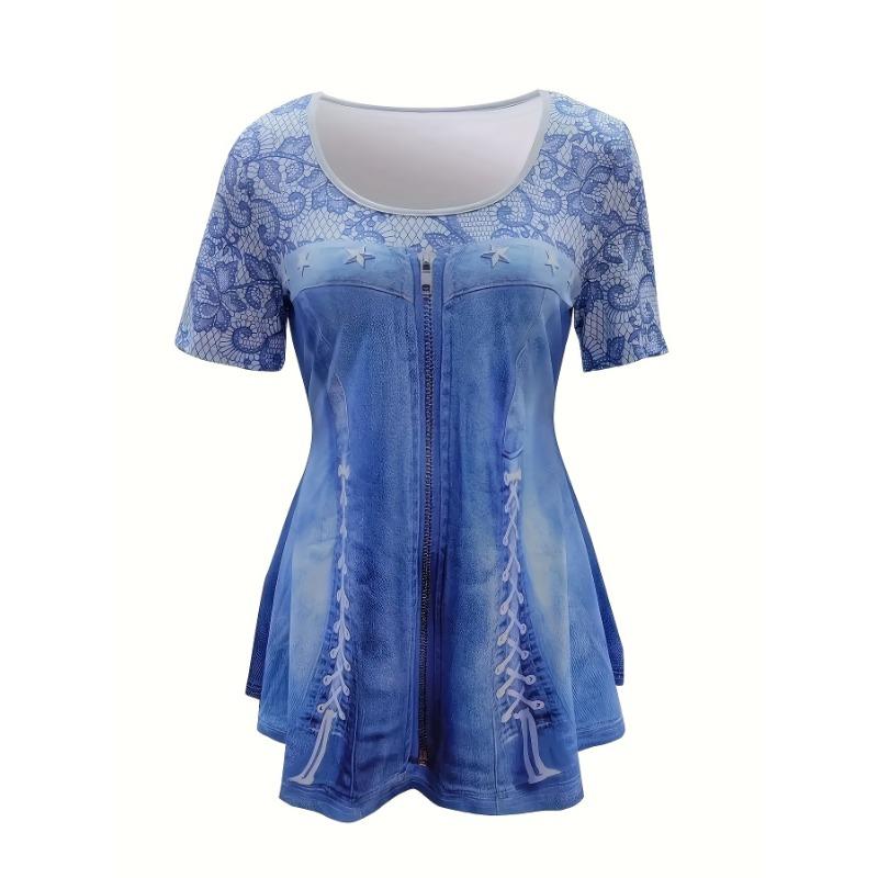 Large Size Faux Denim 3D Printed Crew Neck Women's Casual Short Sleeve T-Shirt and Skinny Pants Set