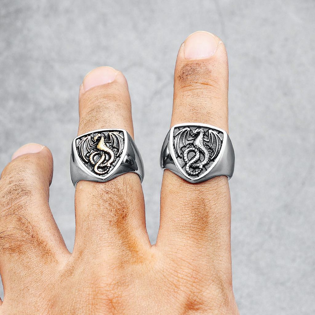 Dragon Shield Ring 316L Stainless Steel Men Rings Rock Punk Norse Myth for Biker Male Boyfriend Jewelry Best Creative Retro Gift