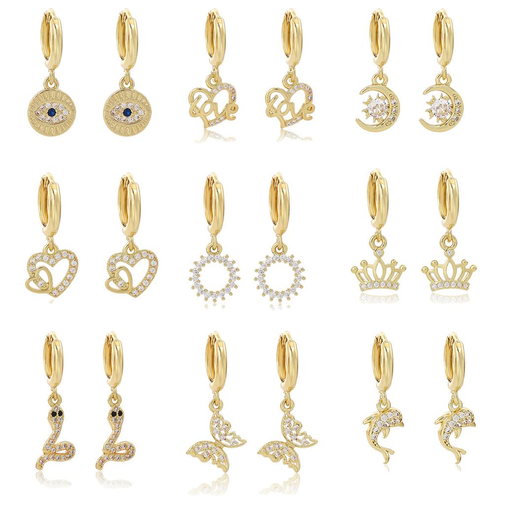 Personnalité Haut de Gamme Creux Super Brillant Boucle d'Oreille Couleur Or Dauphin Cœur Papillon Couronne Lune Pendants d'Oreille Zircon de Luxe