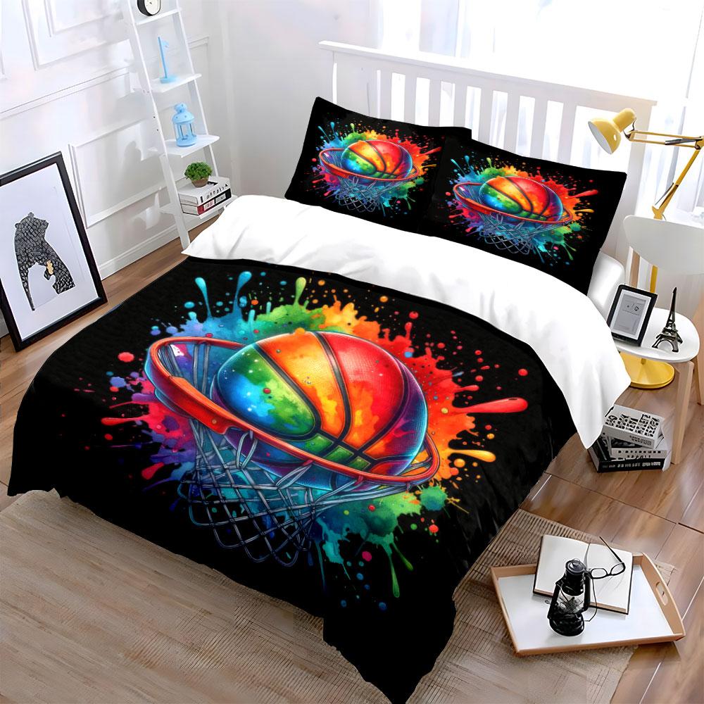 Vibrant Basketball Art Decor Set Kid'S And Adults' Bedroom Decor, Exquisite Three-Piece Bedding Set Gift
