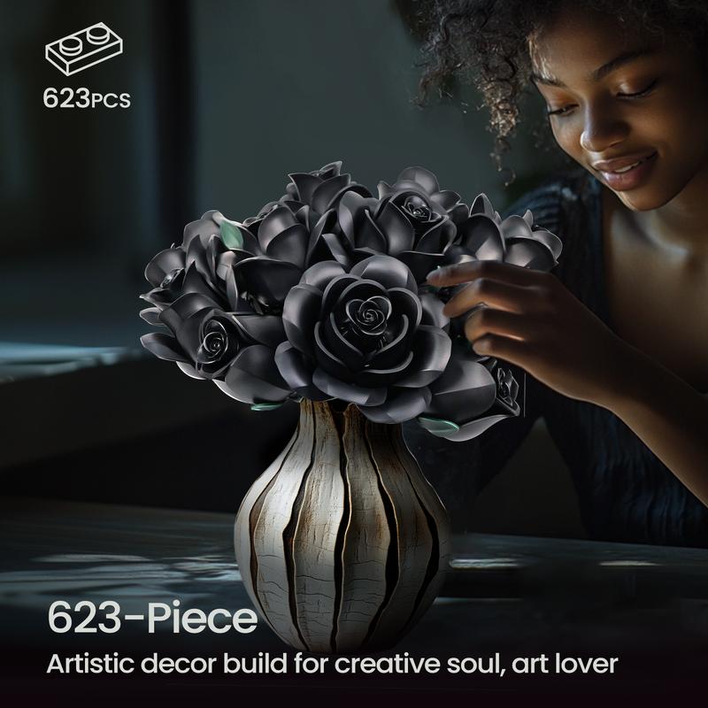 Black Rose Flower Bouquet Building Set, Black Rose Botanical Collection Blocks Kit Compatible for Adults Women, Artificial Flowers Gothic Decor for