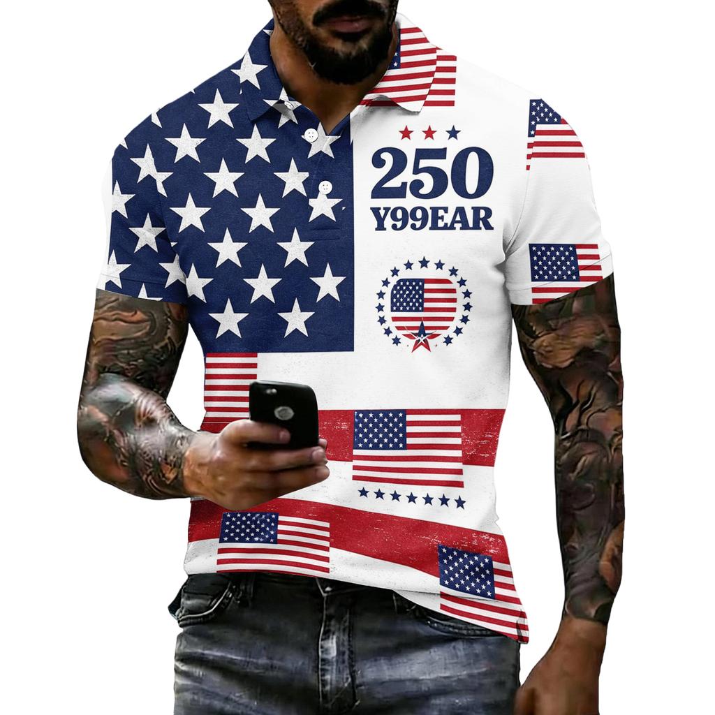 Men's Short Sleeve Polo Shirt 250th Anniversary Commemorative USA Flag Print Patriotic Sports Shirt 1776 to 2026 Celebration Apparel