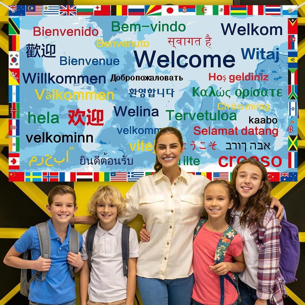 International Welcome Banner Decorations 52 World Country Flags Around the World Multicultural Decor - Large Welcome Backdrop Banner with 32