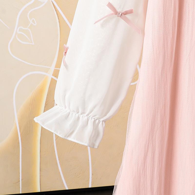 Girls' Dress Children's Autumn New Long-Sleeved Dress Three-Dimensional Bow Dress Sweet Mesh Dress