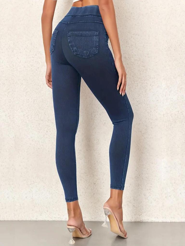 European-Style Faux Denim Yoga Pants: Slimming, High-Waist, Tummy Control, Leg-Lifting, Hip-Enhancing with Pockets.