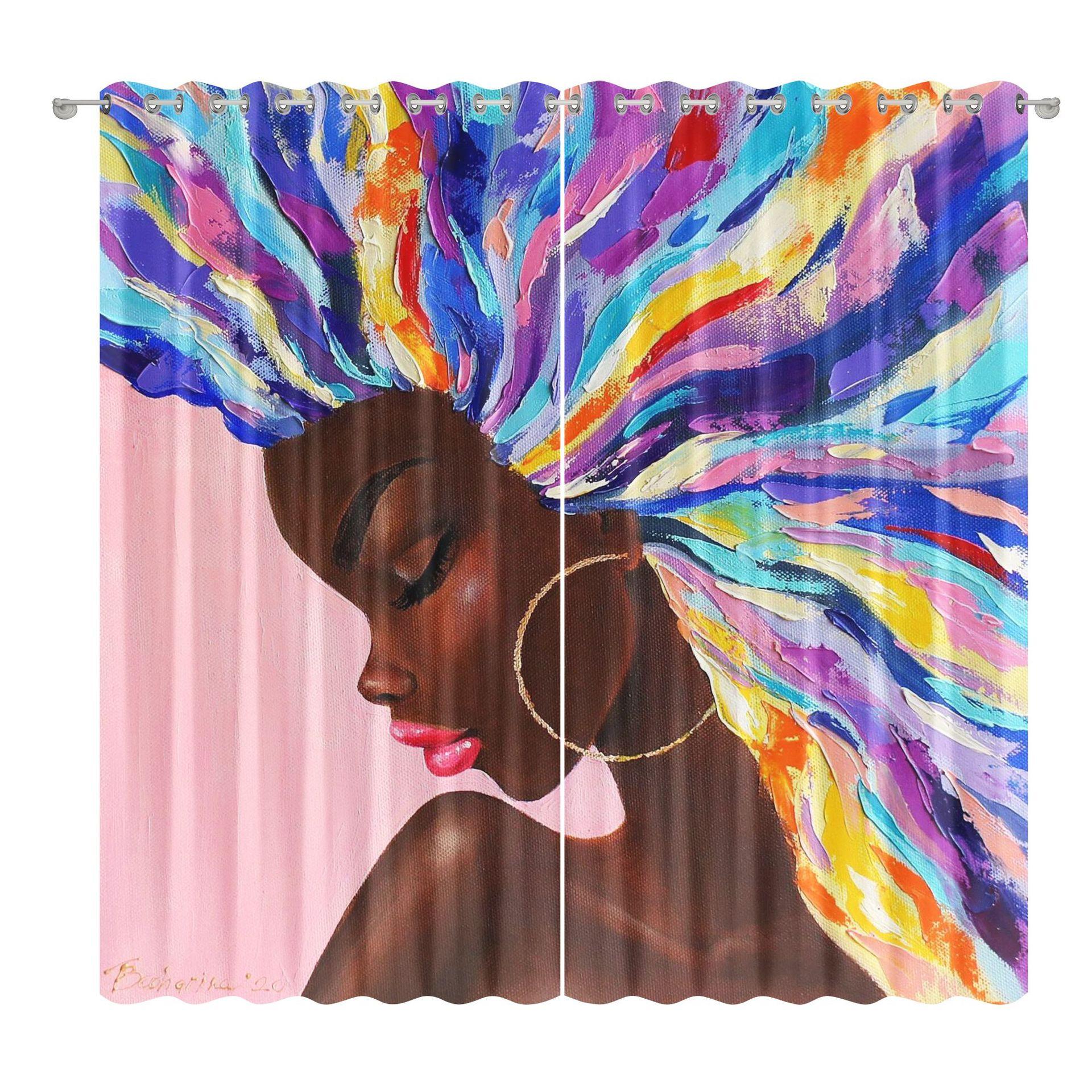 

African American Female Curtain Fabric Bedroom Living Room Balcony Blackout Curtain Office Hotel Insulation Curtain 1.32m * 1.6m/2pcs
