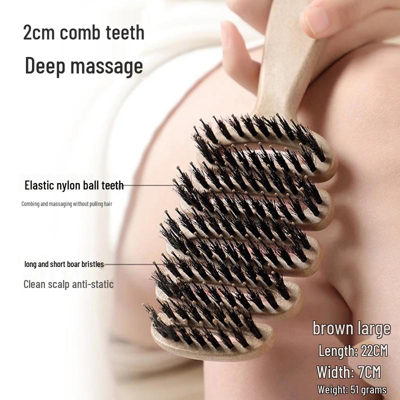 Fluffy Tooth Three-Row Boar Bristle Hairdressing Comb - Wooden, Pointed, Long Handle for Teasing, Curling, and Styling