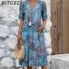BITCED Printed Summer V-Neck Casual Resort Pocket Dress Loungewear