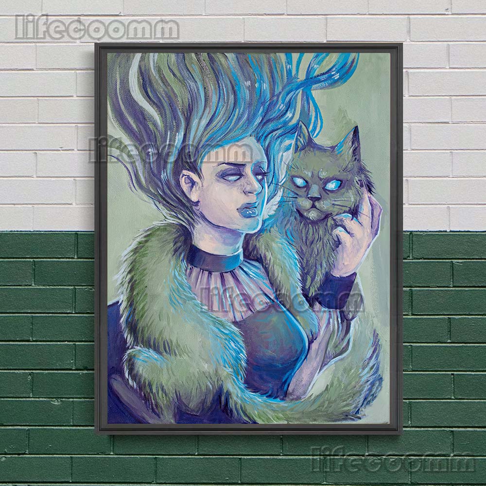 Surreal Art Print Deer Girl And Jelly Fish Mermaid Gothic Wall Art Canvas Painting Witch With Cat Poster Print Home Decoration (with Frame)