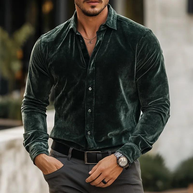 Autumn Winter Flannel Casual Shirts Men Solid Color Velvet Shirts Mens Long Sleeve Turn-Down Collar Business Vintage Shirt Man