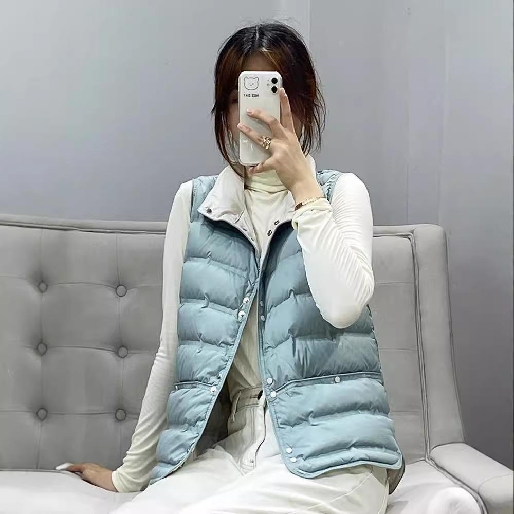 

Winter Seamless Embossed Puffer Gilets Women Ultra Light Stand Collar Short Vest White Duck Down Soft Waistcoat XL синий