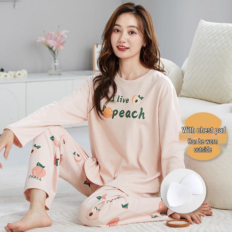 2025 Women's Long Sleeve Cotton Pajamas with Cartoon Design & Breast Pads - Versatile for Home or Outdoor Wear In Spring, Autumn, and Winter.