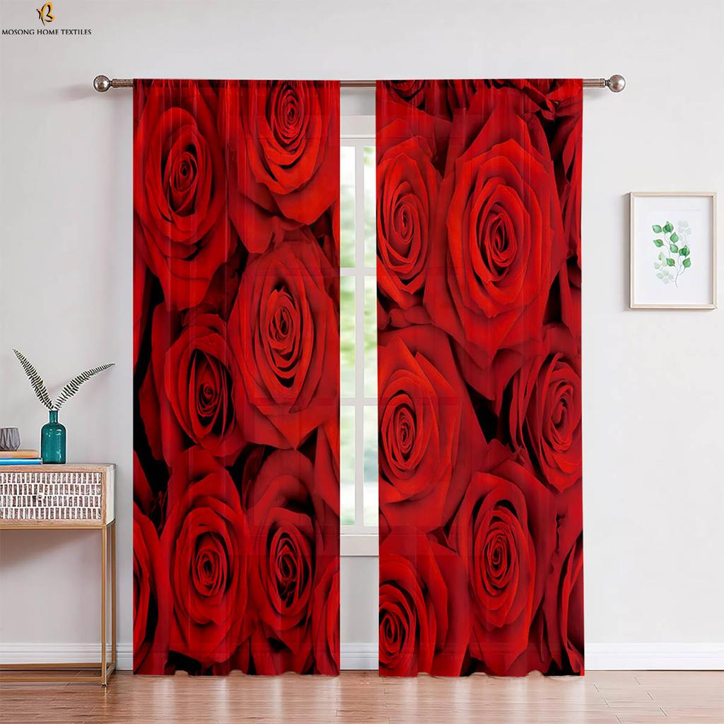 Red Vintage Rose Flower 3d Printed Curtain Bedroom Living Room Study Window Decoration Curtain Home Decoration 2 Pieces