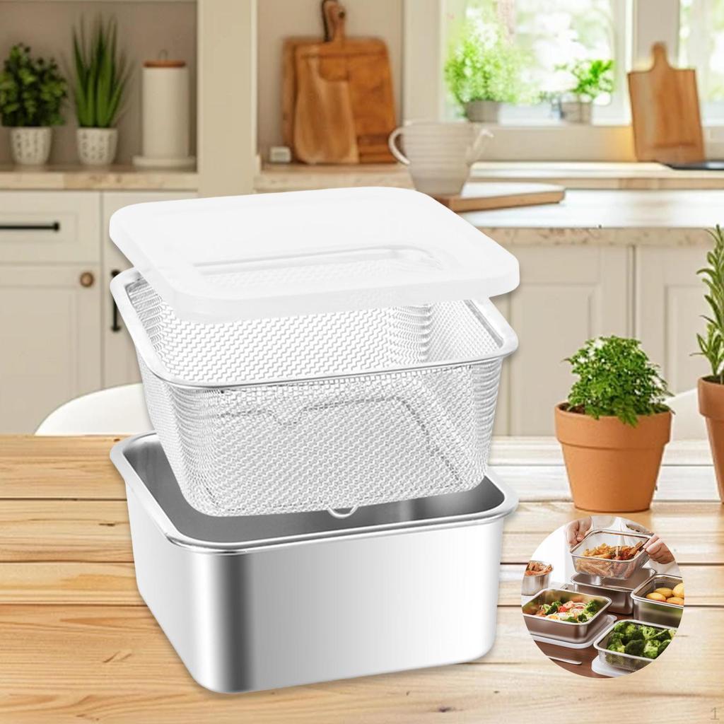 Stainless Steel Food Container with Strainer Colander Set Fridge Organizer Bin for Lettuce