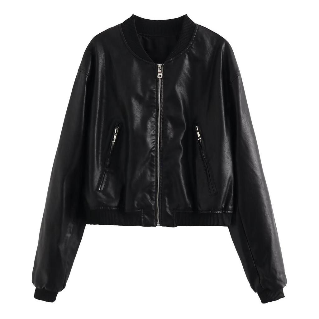Damen Vintage Kunstleder Bomberjacke Mantel Oberteil Damen Stil Übergröße