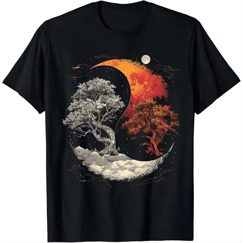 Yin Yang Acht Trigramme Muster T-Shirt für Herren Baum Mond 3D Gedruckte T-Shirts Sommer Freizeit Kurzarm O-Ausschnitt Oberteile Unisex T-Shirts