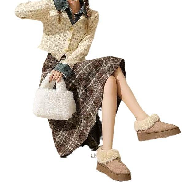 Winter new thick-soled heightening fluffy shoes snow boots women's low-top thickened outer wear one-pedal cotton shoes non-slip