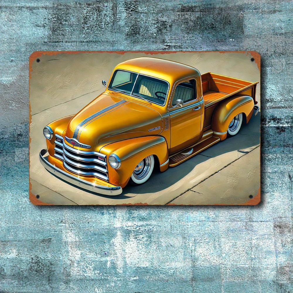 Vintage Golden Pickup Truck Metal Sign Waterproof Retro Wall Art for Garage Patio Home BarCafe Classic Orange Car Decor