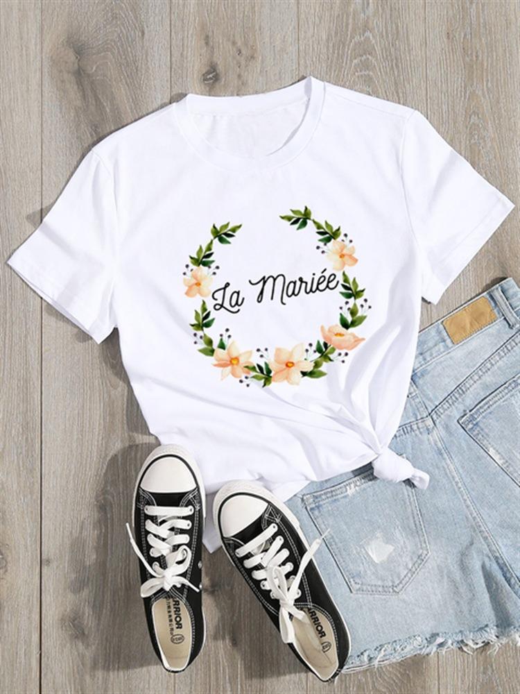 Floral Wreath French Bridal Team Womens TShirt Future Mariée Printed Short Sleeve Casual Top Bachelorette Party Gift