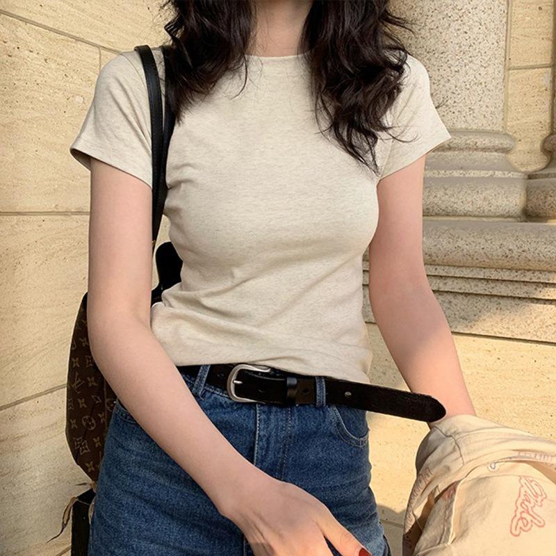 Fashon Sommer Slim Fit Casual T-Shirt Damen Kurzarm Rundhals Damen T-Shirt Tops Uni Schlicht Büro Damen T-Shirts Kleidung 24487