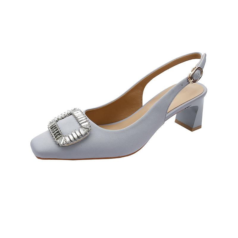 Baotou Sandals Women's Thick Heel 2025 New Rhinestone Buckle Empty Single Shoes Middle Heel Summer Word with Square Head High Heels