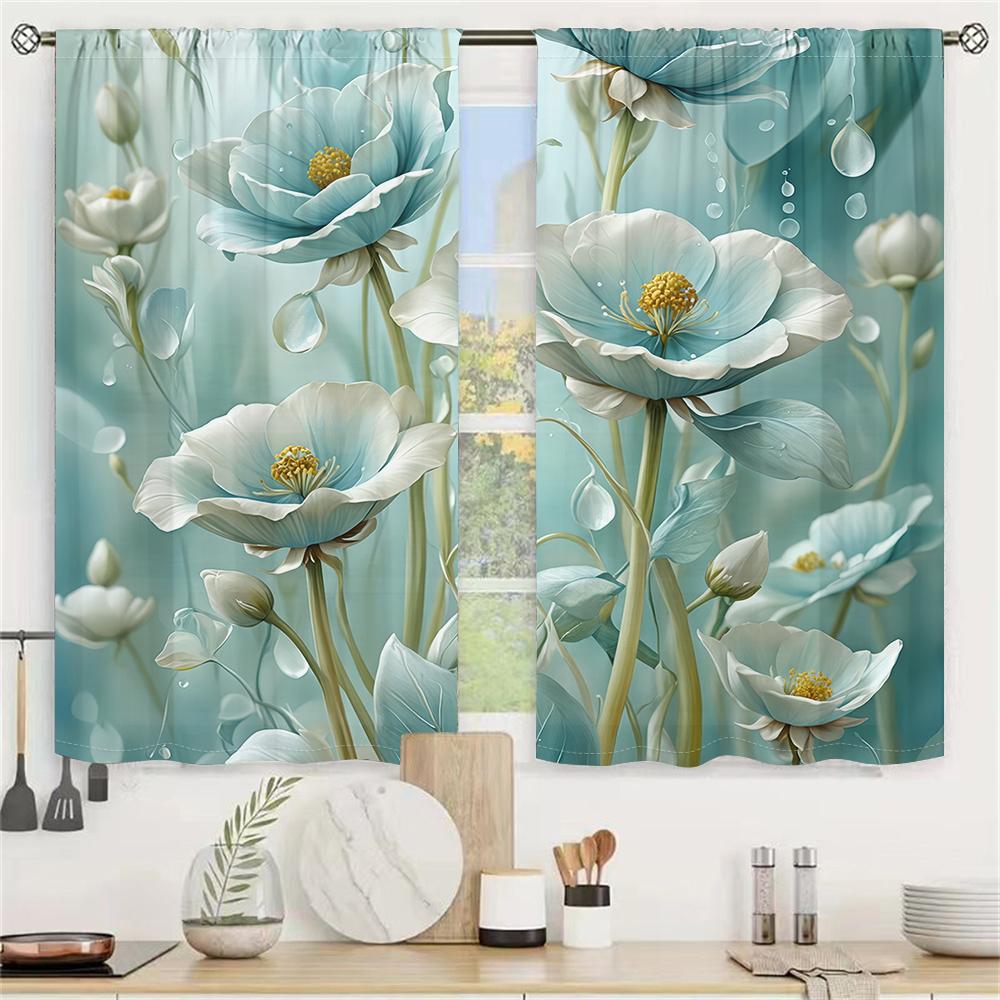 2Pcs Teal Floral Curtains 3D Poppy Water Drop Pattern Living Room Bedroom Balcony Sunshade Fresh Natural Decor Curtains