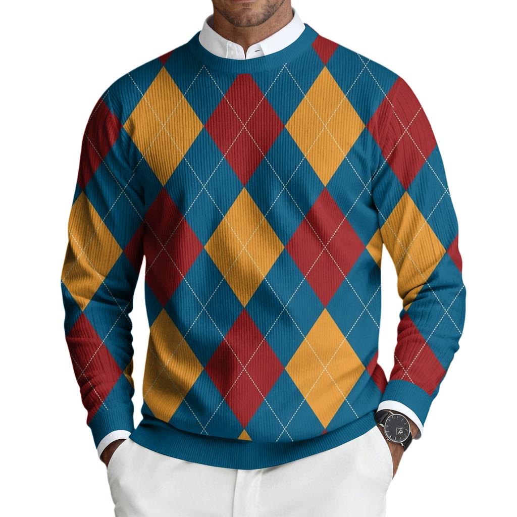 Pulôver Masculino de Tricô Canelado de Manga Comprida e Gola Redonda