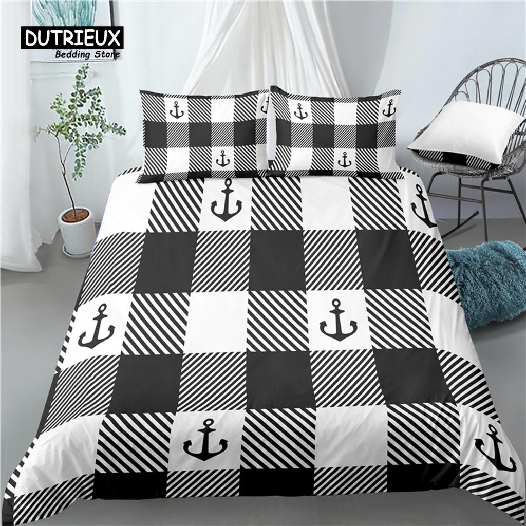 Home Living Luxury 3D Anchor Plaid Print 2/3Pcs Comfortable Duvet Cover Pillowcase Bedding Sets Queen And King Eu/Us/Au Size