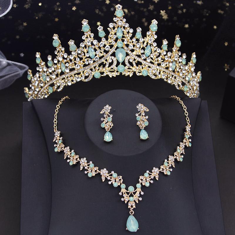 Gorgeous Green Tiaras Jewelry Sets for Women Bridal Wedding Crown Set Party Prom Bride Necklace Earrings Costume Accessory