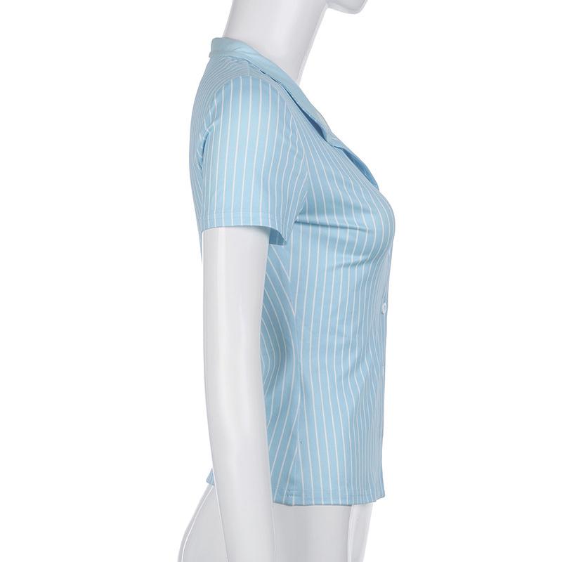 Sweetown Blue Stripe Short Sleeve Shirts For Women Button Up Turn Down Collar Slim Simple Casual Preppy Tops Basic Summer Tees