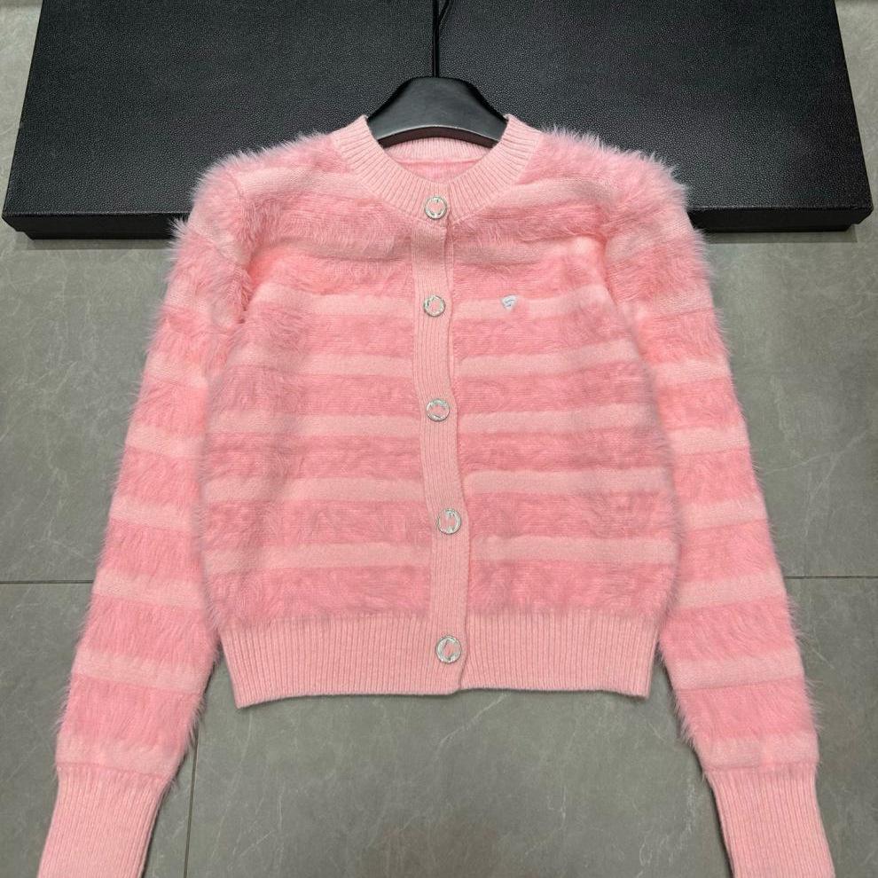 Xiangjia Mink Fur Color Block Striped Cardigan Sweater - Autumn/Winter, Round Neck, Long Sleeve, Loose Fit.