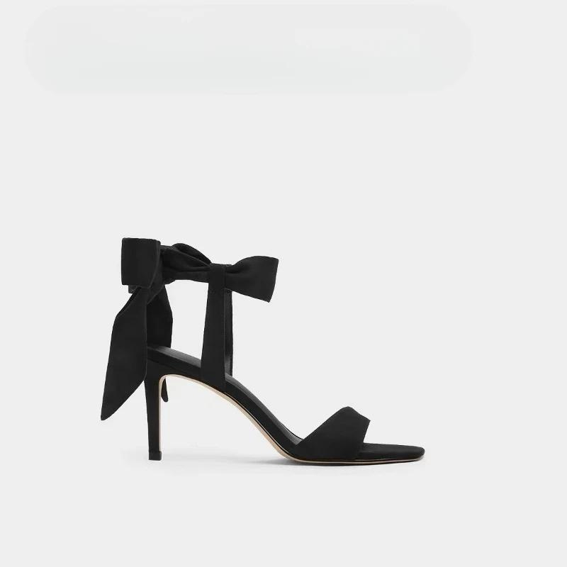 Fashion French Fairy Wind with Sandals Women 2025 Summer New Open Toe Square Thin Head with Bow Satin Fashion High Heels