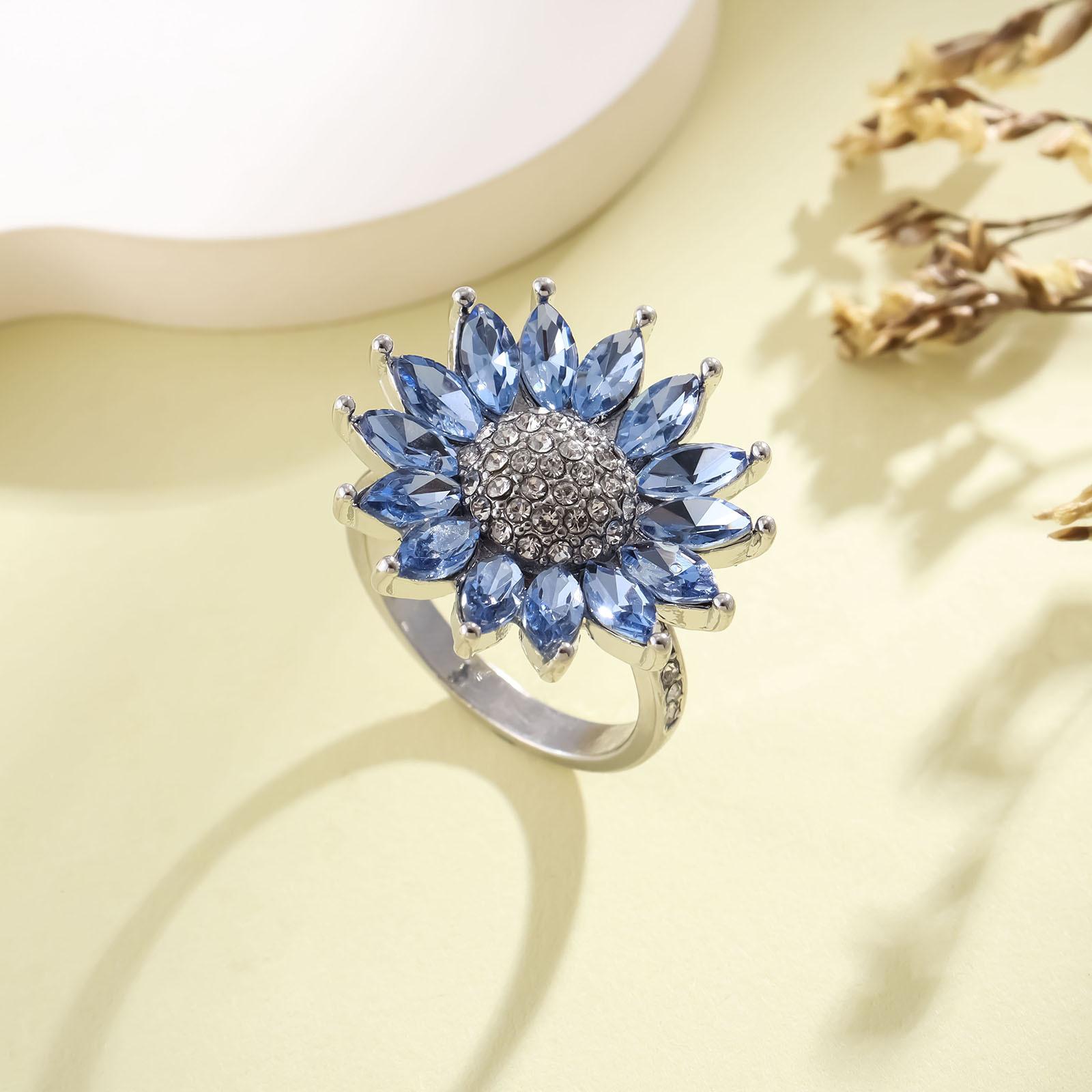 Hot Sale Fashion Light Blue Zircon Sunflower Ring Crystal Sunflower Jewelry Women 6 синий