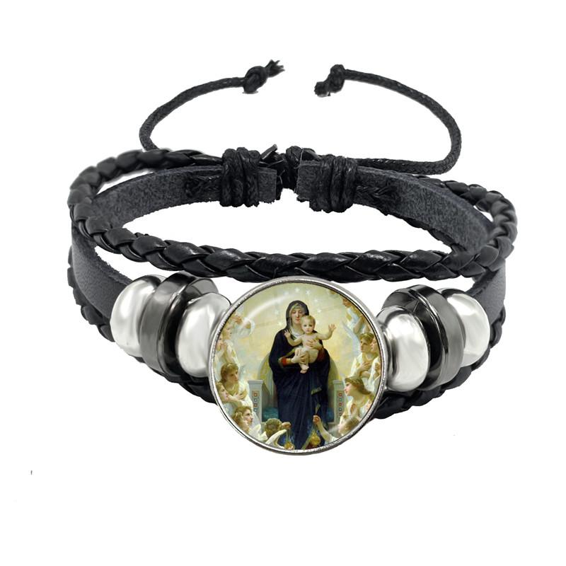 Virgin Mary Baby Jesus Christian Catholicism Jewelry Black Button Leather Bracelet Blessed Mother Religious Glass Cabochon Gift