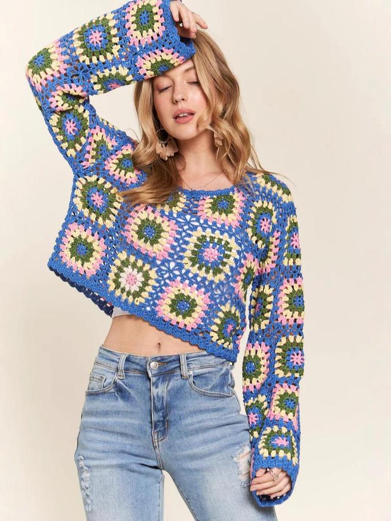 Hand-Crocheted Ethnic Style Colorful Squares Loose Pullover for Women