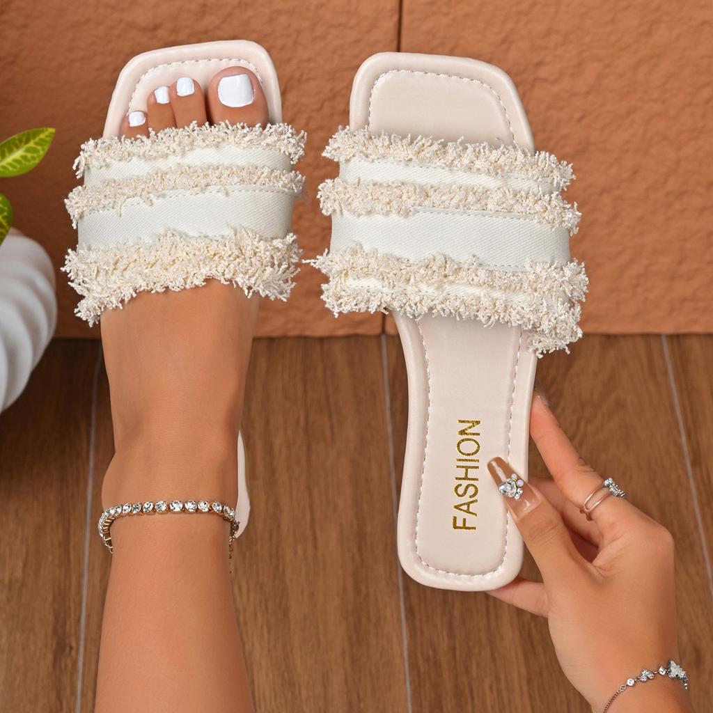 Fashion Fashion Tweed Cloth Flats Slippers Women 2025 String Bead Summer Sandals Woman Lightweight Outdoor Slides Female