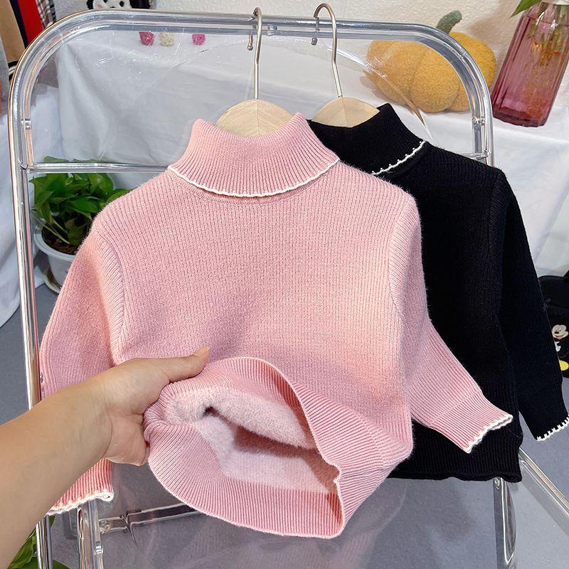 Girls' High Neck Sweater with Integrated Velvet Children's Pullover Top for Autumn and Winter Stylish Baby with Added Velvet Base Shirt