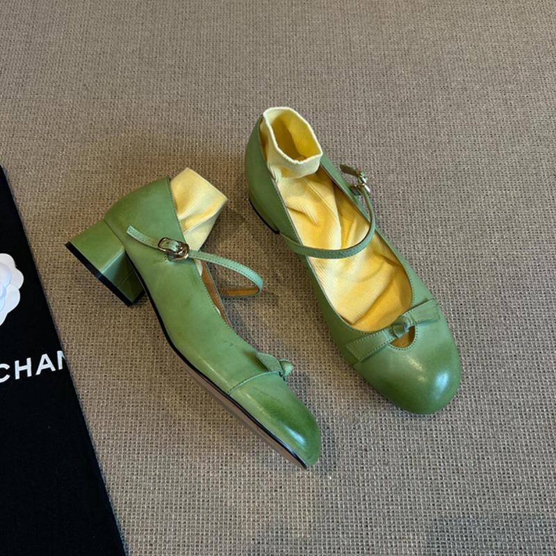Sheepskin gentle temperament bow Mary Jane shoes women's word shallow mouth high heels leather versatile single shoes