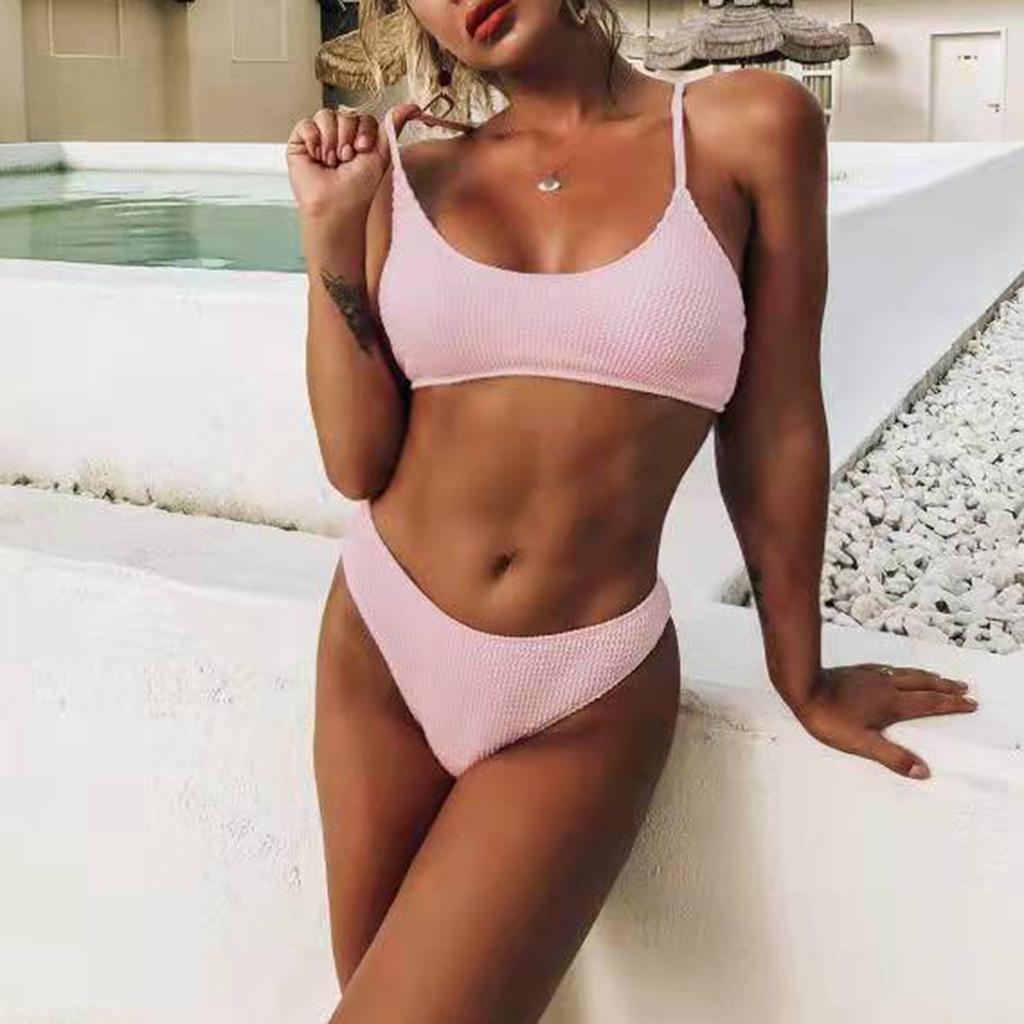 Women's Summer Fashion Sexy Solid Color  Waist Split  Strap Bikini Swimsuit Set
