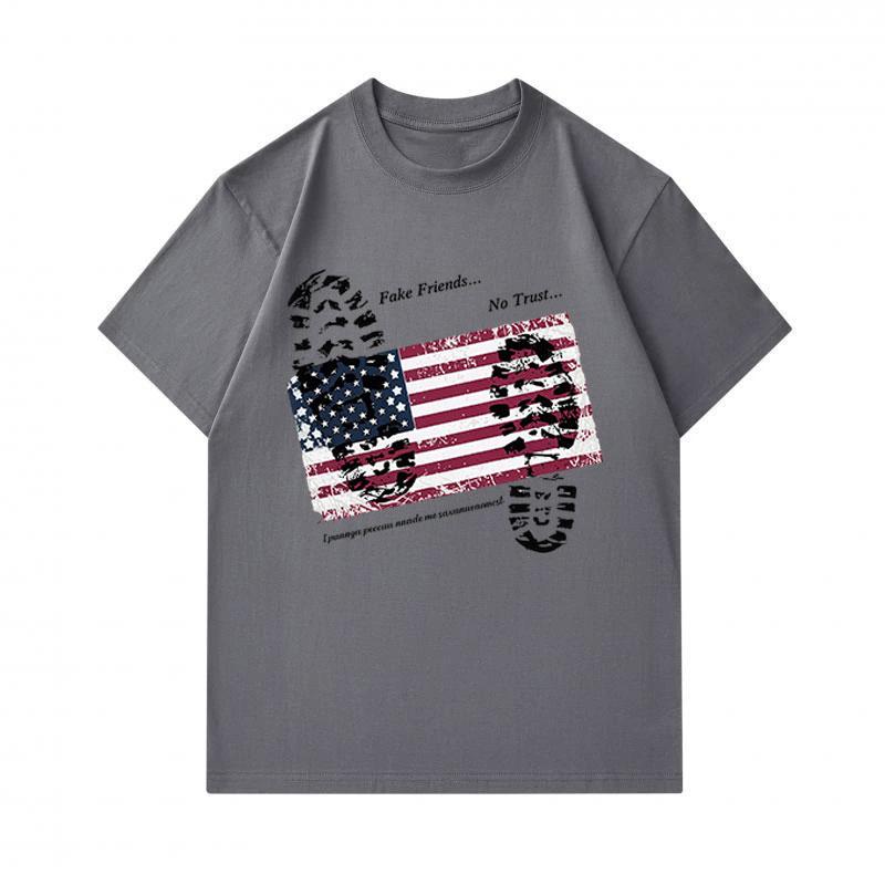 Men's 100% Cotton Crew Neck Short Sleeve T-Shirt, Distressed USA Flag Fake Friends No Trust Print Casual Comfortable Tee for Daily Wear